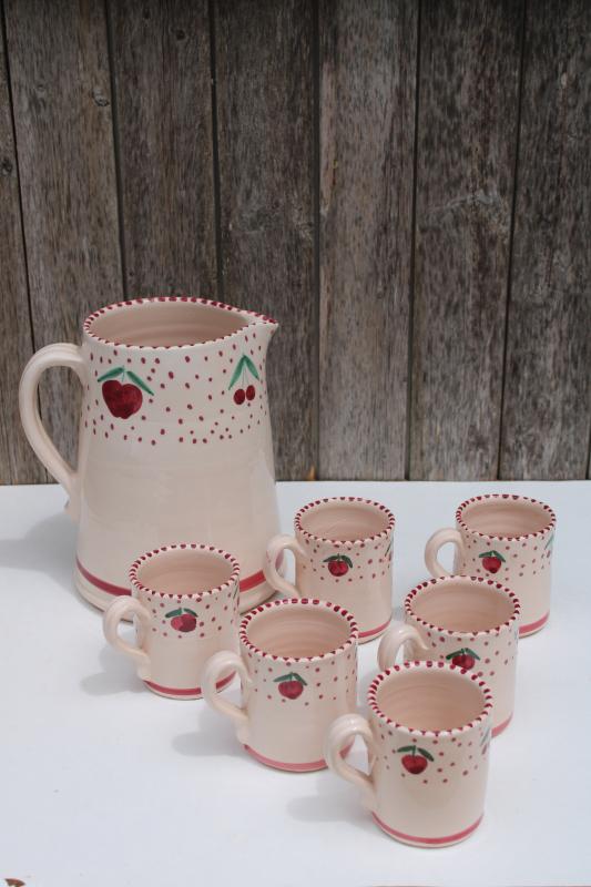 Neiman Marcus vintage Italian pottery pitcher & matching mugs set, hand painted