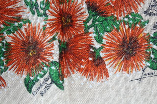 New Zealand native birds & flowers vintage print linen tea towel, never used