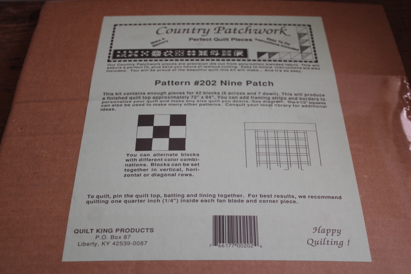 Nine patch quilt top kit, pre-cut pieces for patchwork blocks w/ instructions