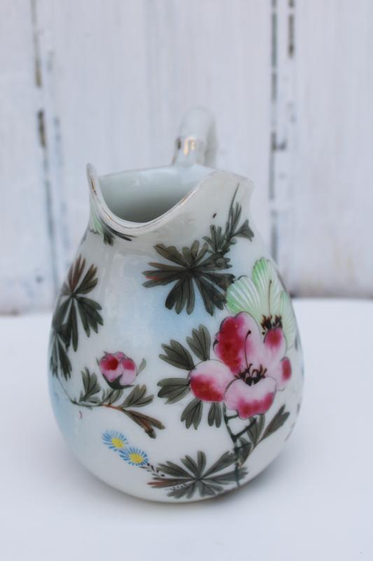 Nippon vintage Japan characters mark porcelain china tiny pitcher w/ hand painted butterfly