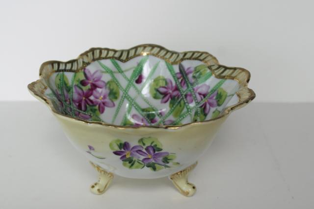 Nippon vintage Japan hand painted china bowl, gold moriage & violets floral