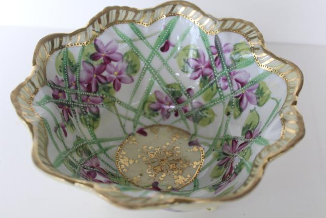 Nippon vintage Japan hand painted china bowl, gold moriage & violets floral