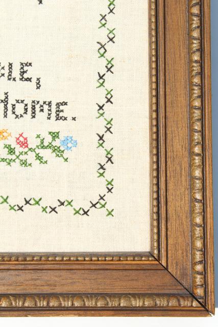 No Place Like Home motto vintage linen cross-stitch sampler, embroidered cottage picture