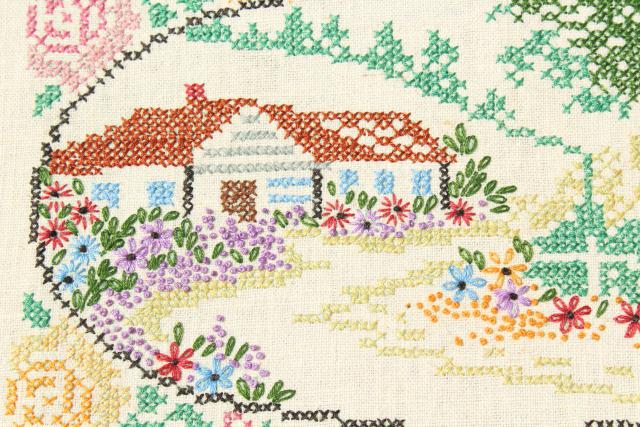 No Place Like Home motto vintage linen cross-stitch sampler, embroidered cottage picture