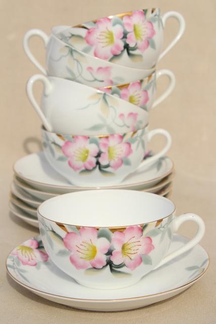 Noritake azalea hand painted china tea cups & saucers set of 6, vintage Japan porcelain