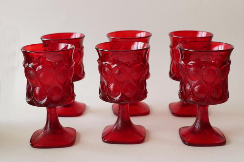 Noritake spotlight pattern ruby red glass goblets, mid-century mod vintage wine glasses