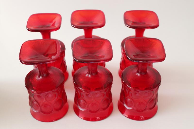 Noritake spotlight pattern ruby red glass goblets, mid-century mod vintage wine glasses