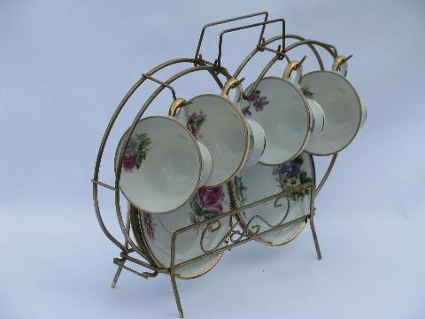 Norleans - Japan vintage wire rack w/ flowered china tea cups & saucers