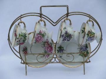 Norleans - Japan vintage wire rack w/ flowered china tea cups & saucers