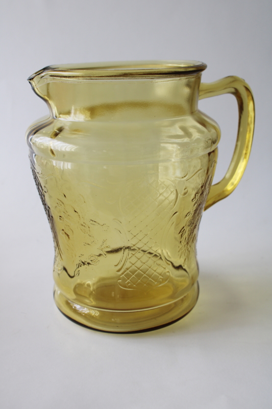 Normandie flower lattice pattern vintage depression glass pitcher, amber yellow