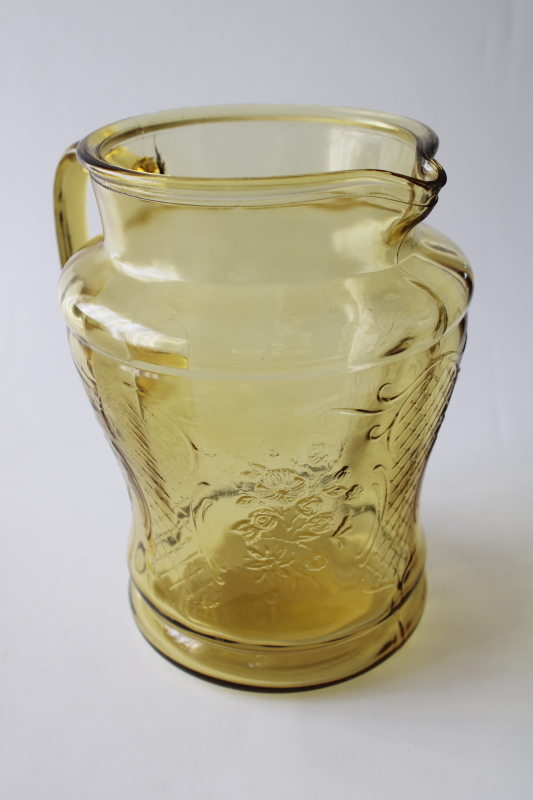 Normandie flower lattice pattern vintage depression glass pitcher, amber yellow