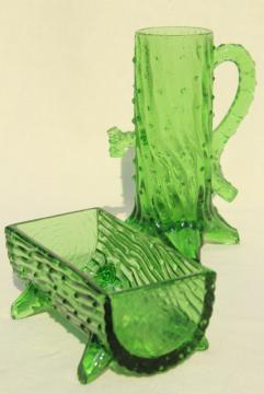 Northwood old well pump & trough pattern pressed glass, green glass vase & planter