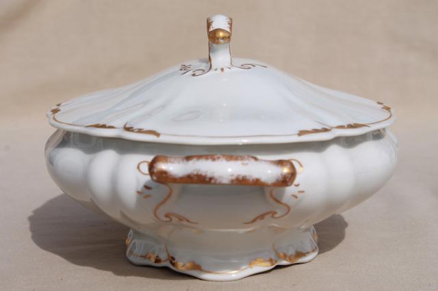 O P Co Syracuse China, vintage covered bowl tureen & large turkey platter, white w/ gold