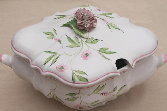 OGG Italy hand painted ceramic tureen w/ carnation flowers, vintage Italian pottery