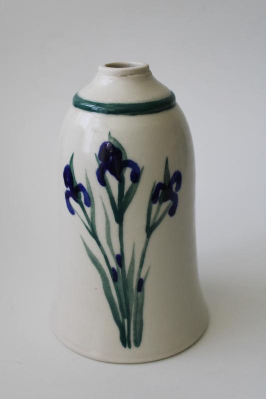 OKeane pottery, hand painted blue iris flower stoneware bottle vase or lamp base