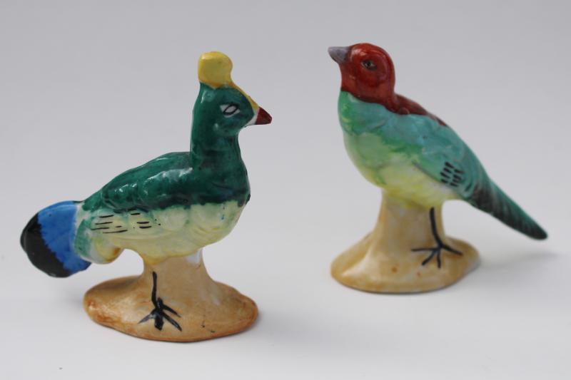 Occupied Japan hand painted china miniature birds figurines, peacock & red head bird