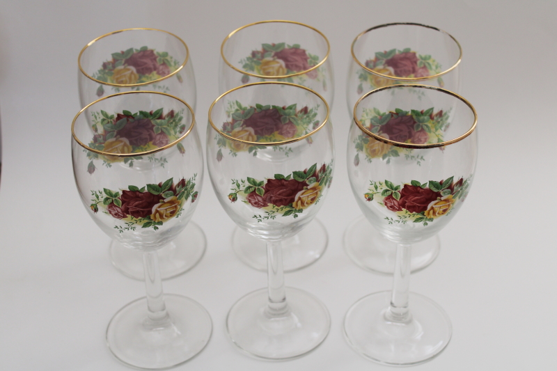 Old Country Roses print glass water goblets or big wine glasses set of 6