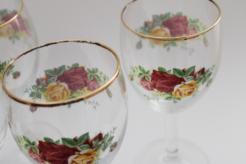 Old Country Roses print glass water goblets or big wine glasses set of 6