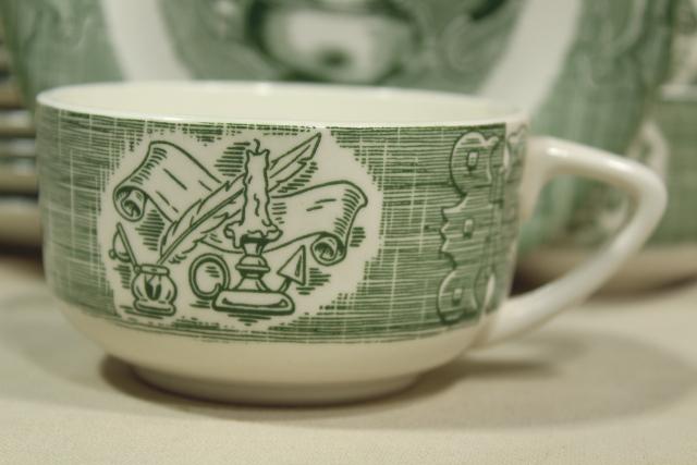 Old Curiosity Shop green transferware, cups & saucers vintage Royal china dinnerware