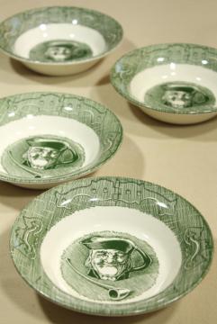 Old Curiosity Shop green transferware, vintage Royal china dinnerware, fruit bowls
