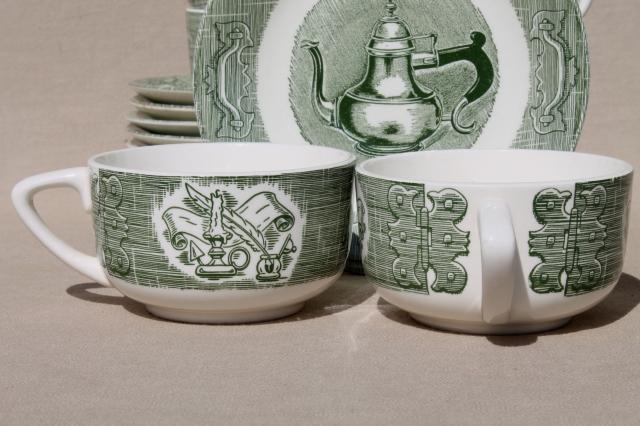 Old Curiosity Shop pattern china, vintage Royal green transferware cups & saucers