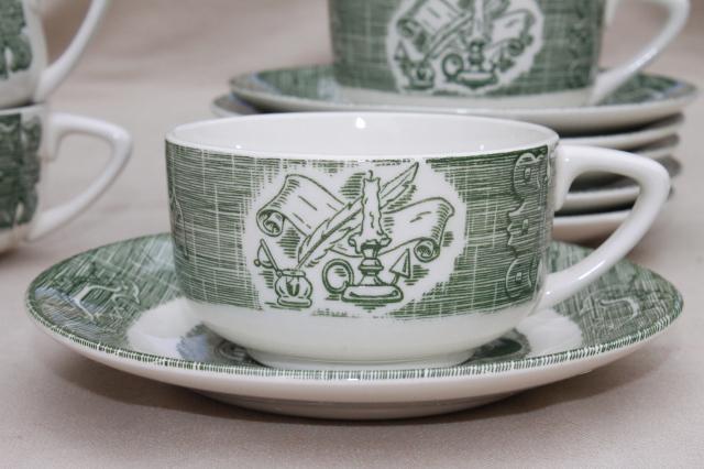 Old Curiosity Shop pattern china, vintage Royal green transferware cups & saucers