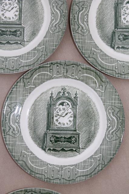Old Curiosity Shop set of 4 clock print bread plates, vintage Royal china green transferware