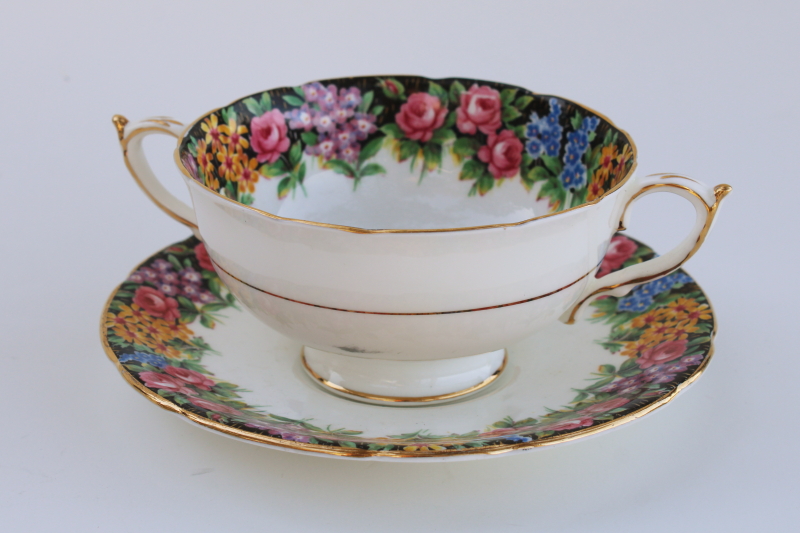 Old English Garden floral chintz vintage bone china double handled cup  saucer