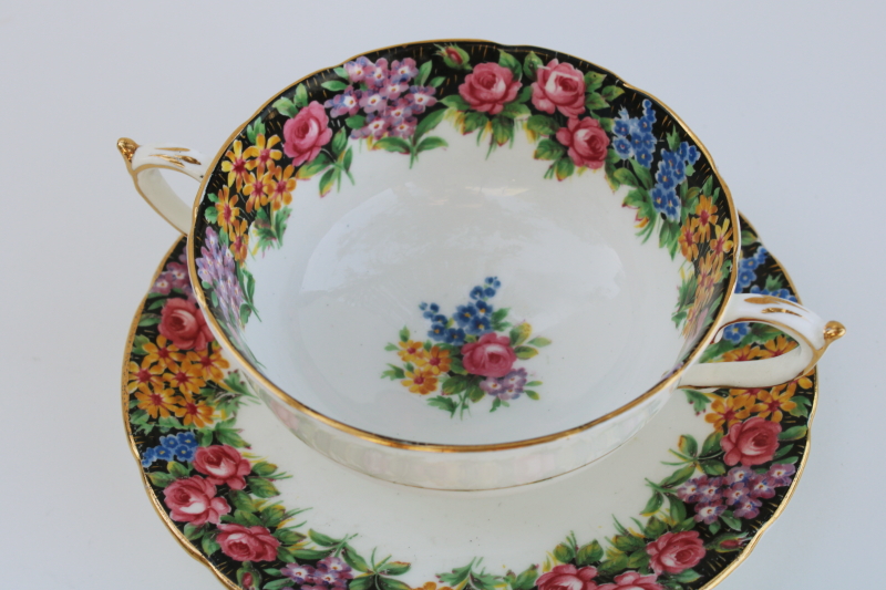 Old English Garden floral chintz vintage bone china double handled cup  saucer