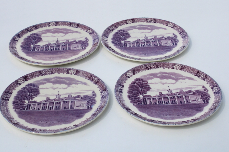 Old English Staffordshire mulberry purple transfer ware china, Mount Vernon scene vintage plates