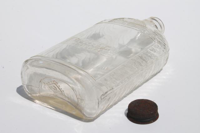 Old Log Cabin Bourbon Whiskey embossed glass bottle, vintage whisky pocket flask 