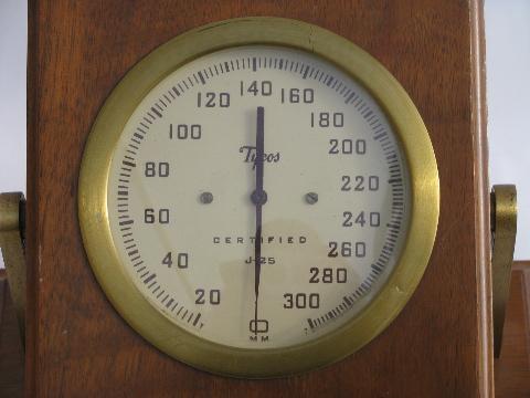 Old Tycos brass & mahogany desk barometer, vintage weather instrument