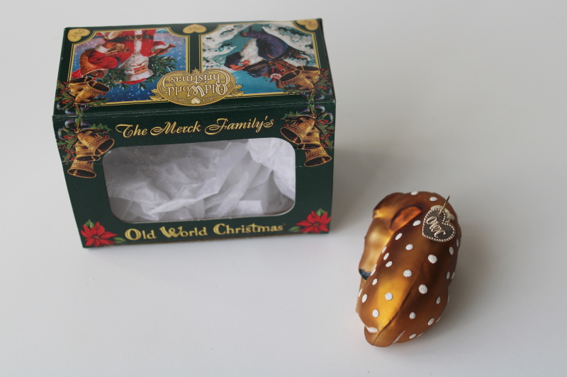 Old World Christmas hand blown glass ornament baby fawn deer, Mercks OWC box