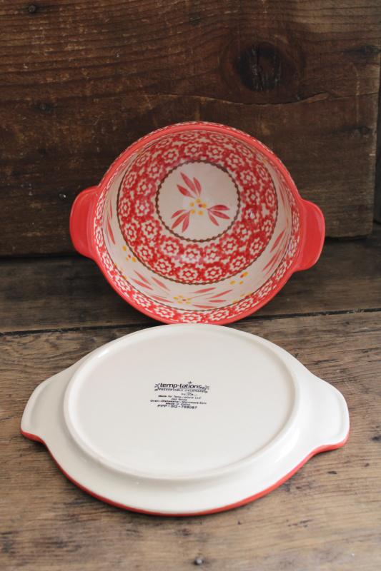 Old World red Temp Tations stoneware sauce bowl & plate, hand painted Polish pottery style 
