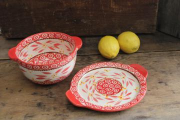 Old World red Temp Tations stoneware sauce bowl & plate, hand painted Polish pottery style 