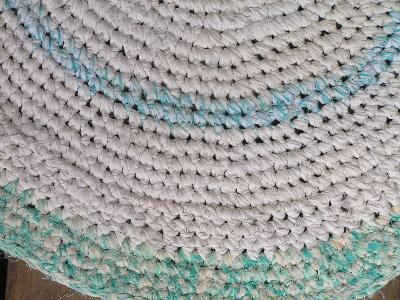 Old crocheted cotton rag rug, aqua with white