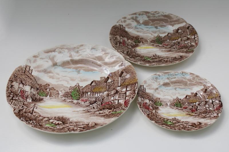 Olde English Countryside vintage Johnson Bros china plates, multicolored transferware