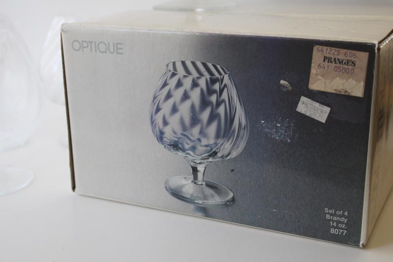 Optique swirl hand blown crystal brandy snifter glasses, made in Romania vintage box set