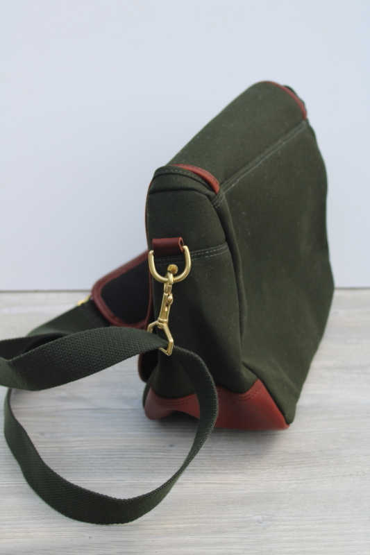 Orvis Battenkill shoulder bag, sportsmans gear bag or purse, green canvas w/ leather trim