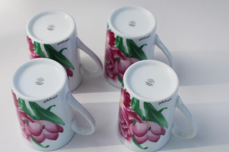 Otagiri Japan vintage set of tea mugs or coffee cups w/ pink tulips floral