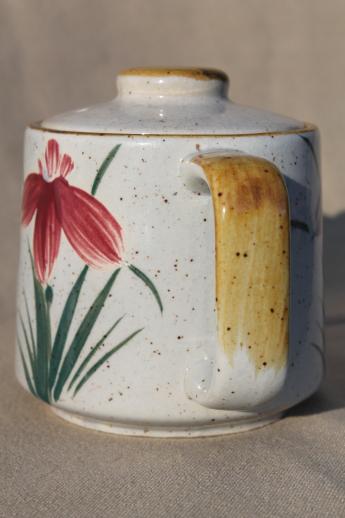Otagiri vintage Japan stoneware teapot, red & blue iris hand-painted pottery 