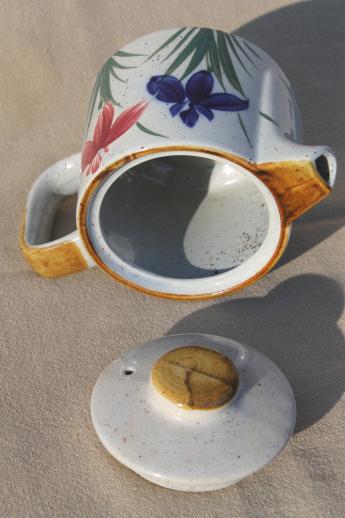 Otagiri vintage Japan stoneware teapot, red & blue iris hand-painted pottery 