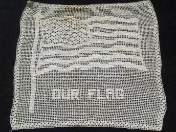 Our Flag filet crochet lace motif, 40s vintage patriotic American picture