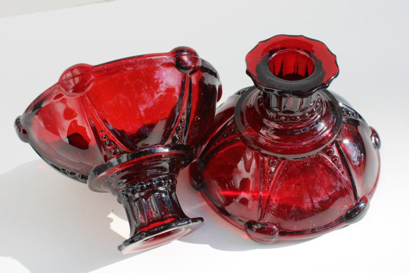 Oyster and Pearl pattern depression glass candlesticks, vintage royal ruby red candle holders