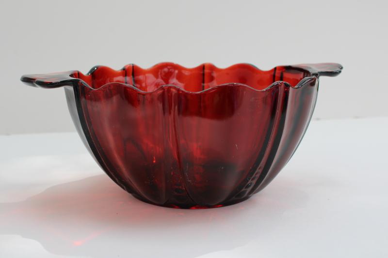 Oyster and Pearl royal ruby red depression glass bowl, bonbon dish w/ little handles