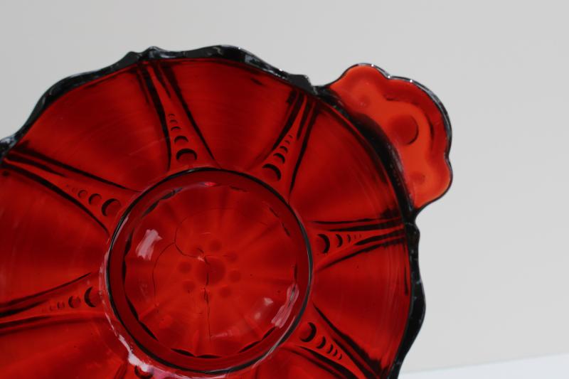 Oyster and Pearl royal ruby red depression glass bowl, bonbon dish w/ little handles