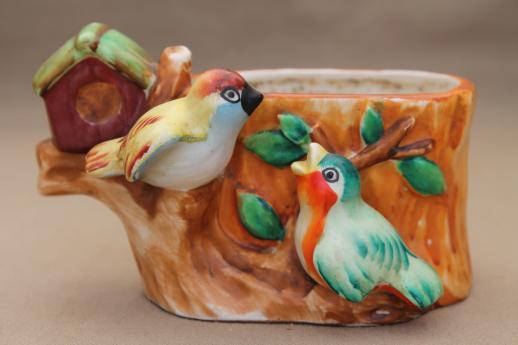 PY Japan birds & birdhouse on tree stump, vintage hand-painted china planter pot