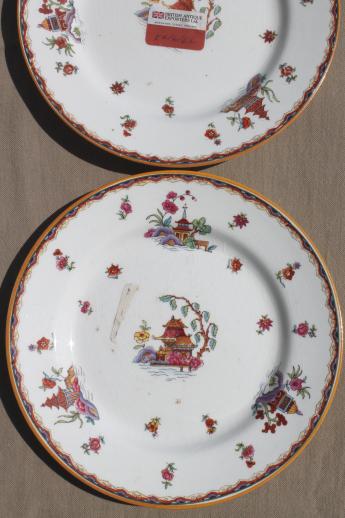 Pagoda pattern chinoiserie china plates, old Johnson Brothers plates w/ British export labels