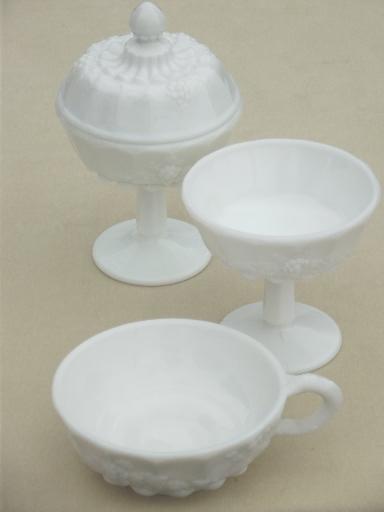 Paneled Grape pattern grapes milk glass set, candy dishes & nappy bowl
