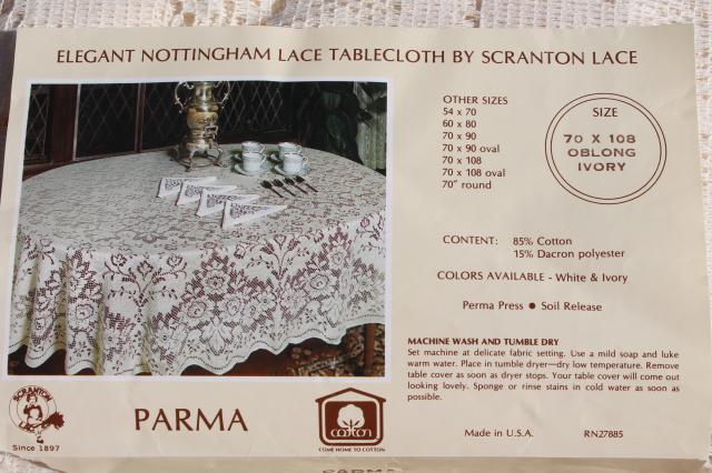 Parma Nottingham lace tablecloth, mint in package Scranton lace ivory 70 x 108